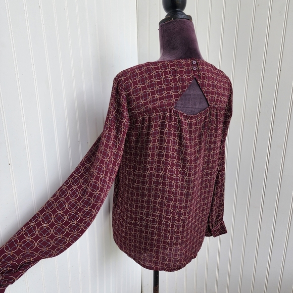 Loft Ann Taylor Burgundy Long Sleeve Red Patterned Keyhole Long Sleeve Blouse S - Picture 7 of 12
